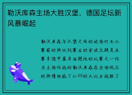 勒沃库森主场大胜汉堡，德国足坛新风暴崛起